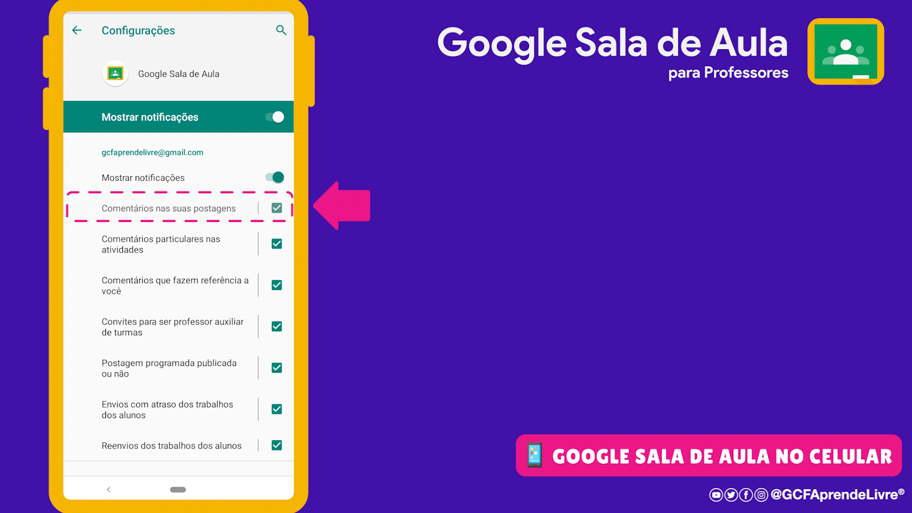 como ativar ou desativar as notificações do Google Sala de Aula 6